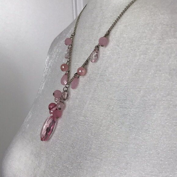 Silver Tone and Pink Acrylic Bead Faux Pearl Dangle Necklace Bling Formal - Picture 4 of 7